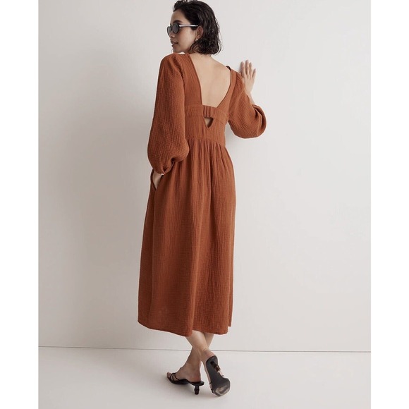 NWT Madewell Womens Midi Dress XS Lightspun V Neck Double Gauze Pockets Brown - Picture 4 of 15